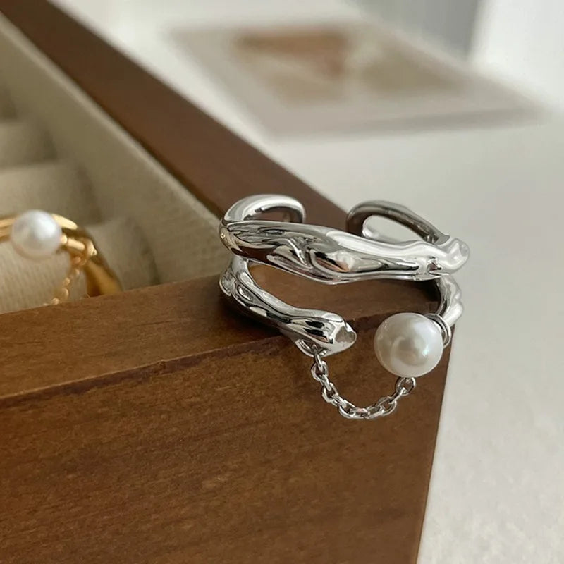 Silver Ring For Women Jewelry Gold Pearl Finger Open
