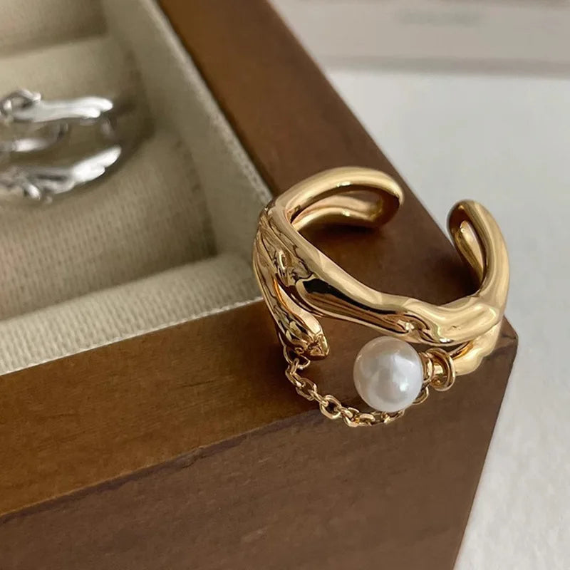 Silver Ring For Women Jewelry Gold Pearl Finger Open