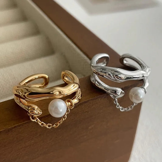 Silver Ring For Women Jewelry Gold Pearl Finger Open