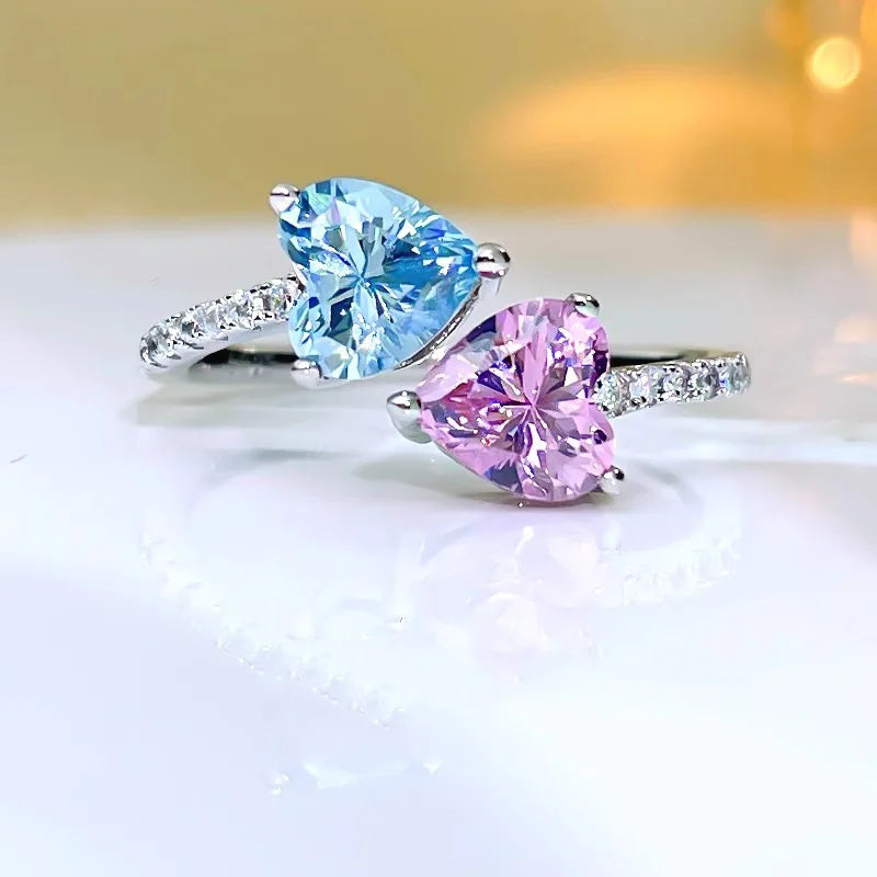 Cute Heart-shaped Blue and Pink Stone Silver