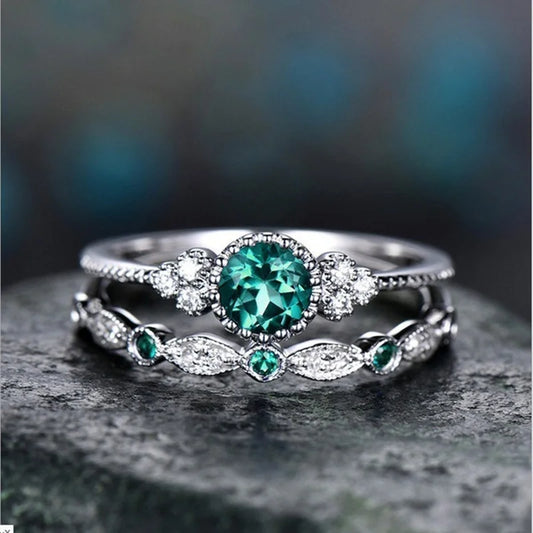 Silver Ring Set with Emerald Zircon Crystals