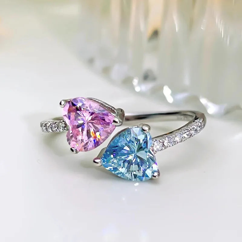Cute Heart-shaped Blue and Pink Stone Silver