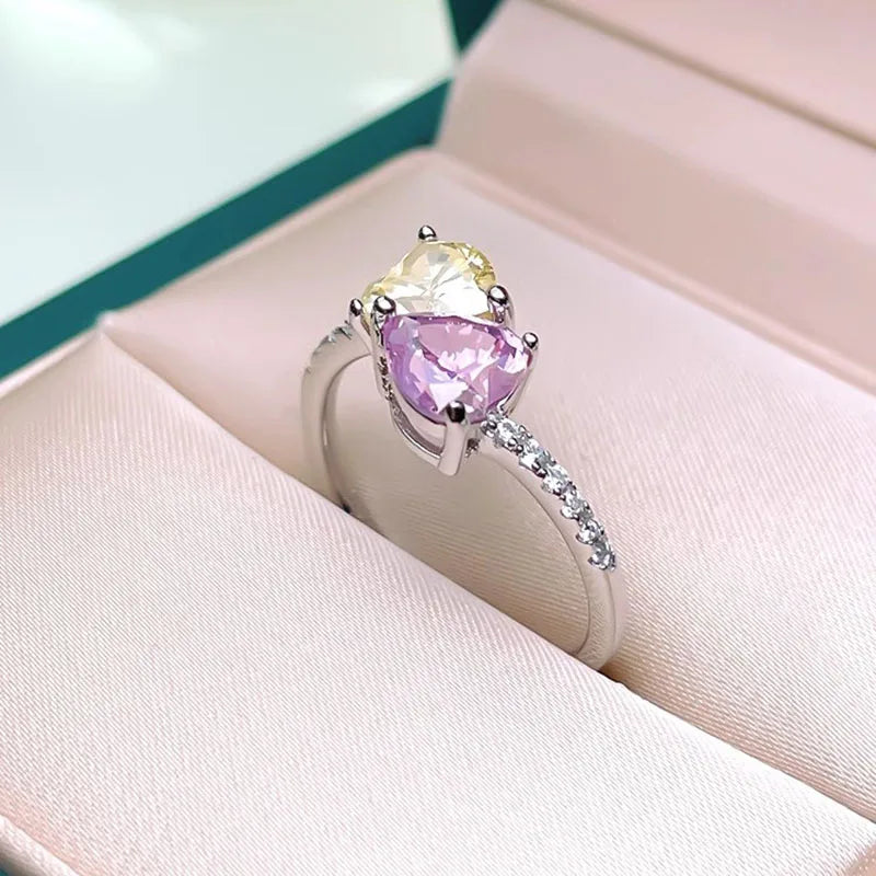 Cute Heart-shaped Blue and Pink Stone Silver