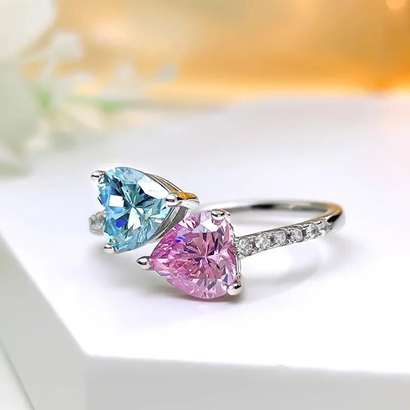 Cute Heart-shaped Blue and Pink Stone Silver